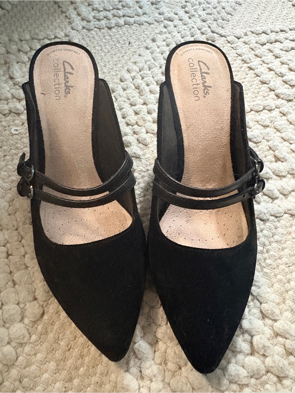 Cool Girl Buckled Black Suede kitten heel Pointed Toe Mules